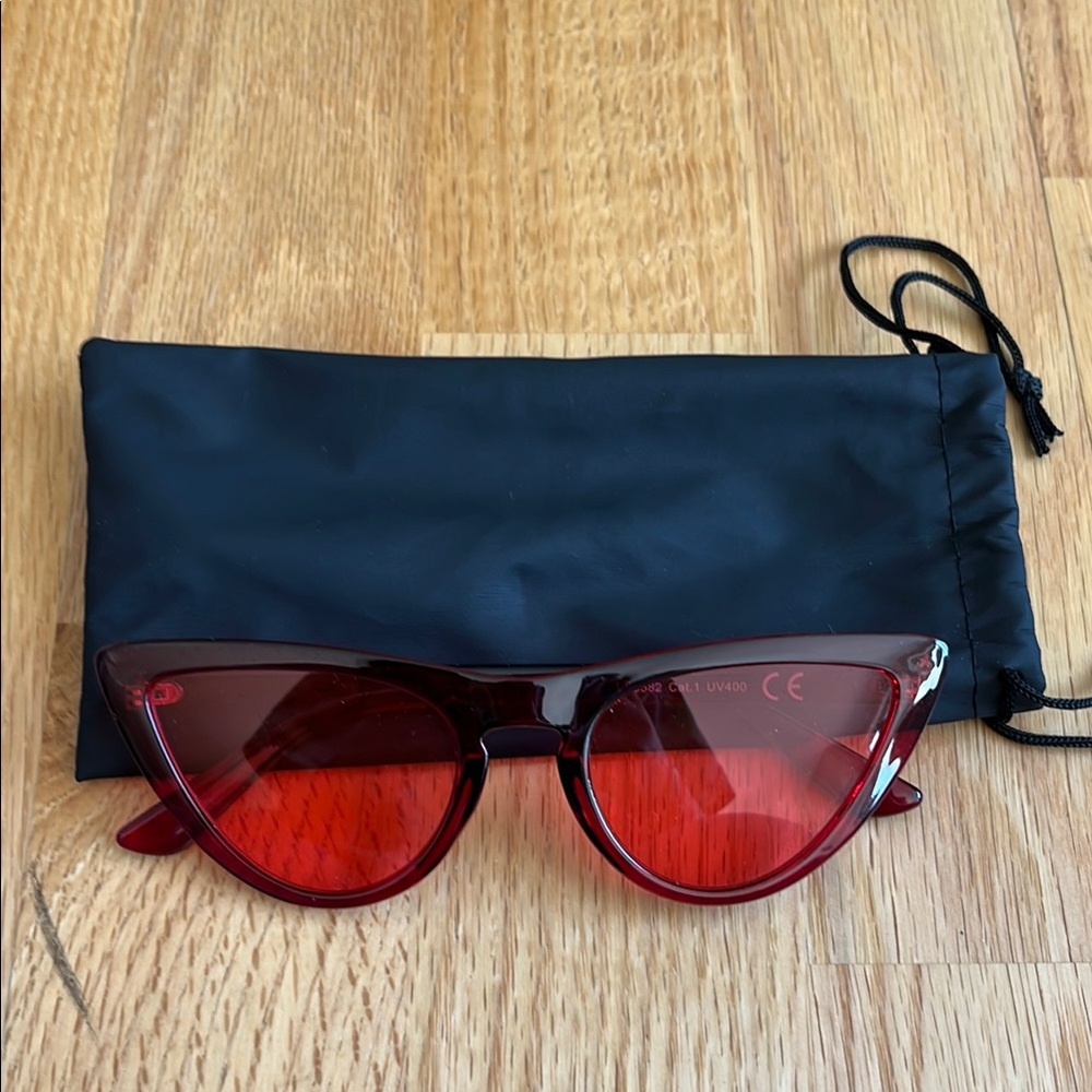 Red Cat-Eye Sunglasses with Black Pouch